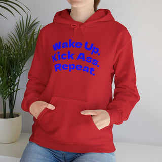 Wake Up Kick Ass Repeat hoodie sweatshirt with kangaroo pocket and double-lined hood