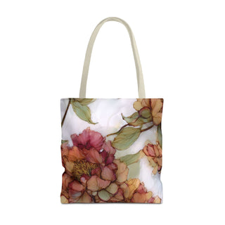 Vintage Peony Tote Bag with watercolor floral print in rose, apricot, and olive tones on lightweight polyester fabric
