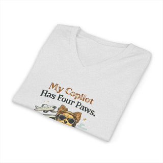 My Copilot Has Four Paws V-neck t-shirt with relaxed dog graphic and breathable cotton fabric
