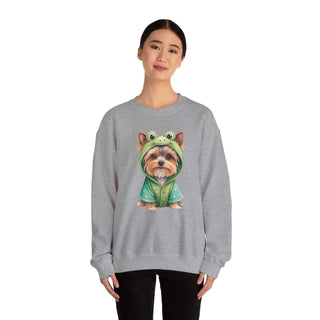 Crewneck sweatshirt with embroidered Yorkie in frog costume design