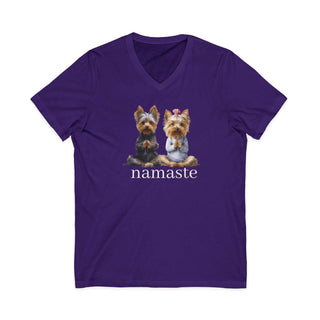 Yorkie Namaste V-Neck T-Shirt with yoga dog design, lightweight cotton, versatile fit.