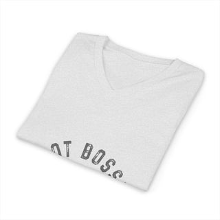 Lightweight V-neck T-shirt with "Not Bossy, Just Aggressively Helpful" text, soft cotton, casual retail fit.