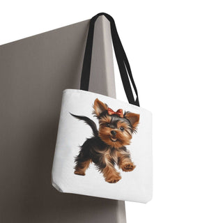 Yorkie puppy tote bag with hand-painted style Yorkshire Terrier and red bow on white background