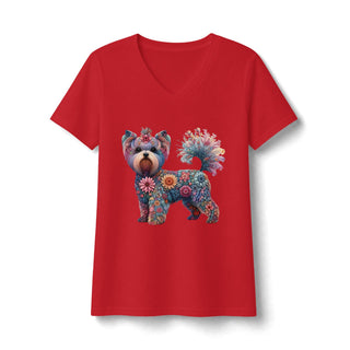 Floral Yorkshire Terrier V-Neck T-shirt