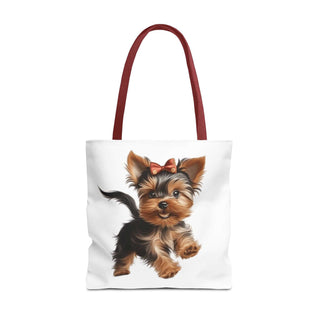 Yorkie puppy tote bag with hand-painted style Yorkshire Terrier and red bow on white background