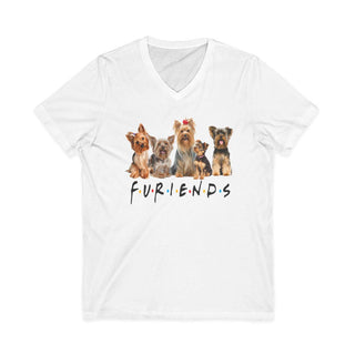 Yorkie Fur-iends V-neck t-shirt with playful dog design, lightweight cotton, modern fit