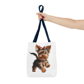 Yorkie puppy tote bag with hand-painted style Yorkshire Terrier and red bow on white background