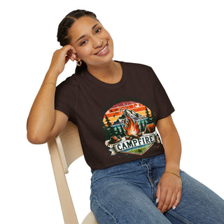 Woman wearing black unisex Camping Adventure T-shirt with campfire graphic and mountain design sitting on chair