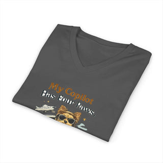 My Copilot Has Four Paws V-neck t-shirt with relaxed dog design and breathable cotton fabric