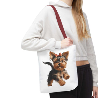 Yorkie puppy tote bag with hand-painted Yorkshire Terrier and red bow on white background