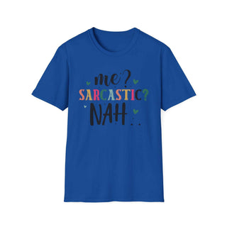 Unisex sarcastic humor t-shirt with witty "Me Sarcastic?" text, softstyle cotton, casual fit