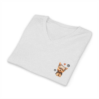 Yorkie On My Heart V-neck T-shirt with small watercolor puppy print near heart