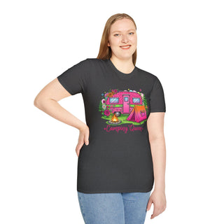 Woman wearing black Camping Queen T-Shirt with colorful camper, tent, and campfire design