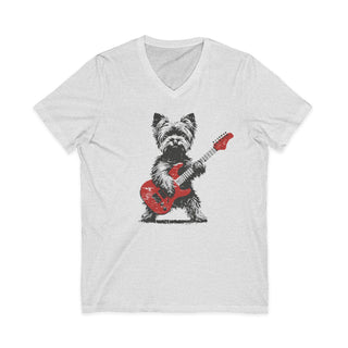 Yorkie Playing Red Guitar V‑Neck T-Shirt