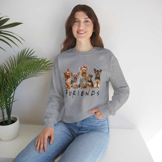 Cozy Fur-iends Dog Hoodie sweatshirt with embroidered dog motif, durable cotton blend, classic crewneck fit, and size guide table.