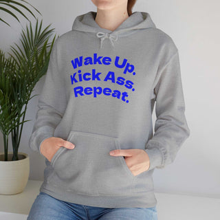 Wake Up Kick Ass Repeat hoodie sweatshirt with kangaroo pocket and double-lined hood