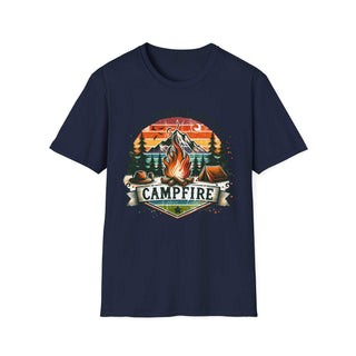 Camping Adventure Unisex T-Shirt with vibrant campfire design on navy blue background