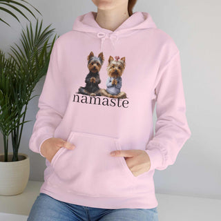 Yoga Namaste Hoodie sweatshirt with Yorkshire Terriers and kangaroo pocket in white cotton-poly blend