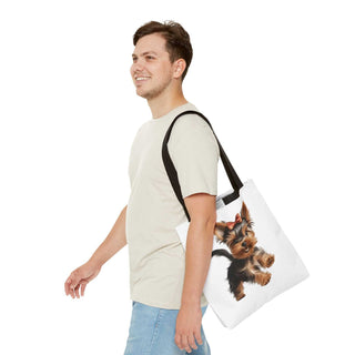 Yorkie puppy tote bag with hand-painted Yorkshire Terrier and red bow on white background