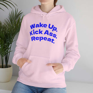 Black hoodie sweatshirt with "Wake Up. Kick Ass. Repeat." printed on chest and kangaroo pocket