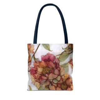 Vintage peony tote bag with watercolor floral design and black handles, lightweight polyester fabric.