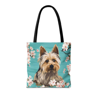 Yorkshire Beach Blue Yorkie Floral Tote Bag