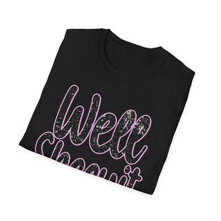 Black casual statement tee with "Well Sheeyit!" text in distressed font, unisex softstyle design, crew neck, comfortable fit