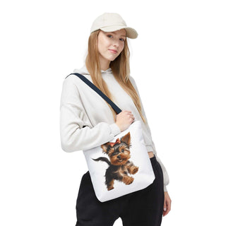 Yorkie puppy tote bag with hand-painted Yorkshire Terrier and red bow on white background