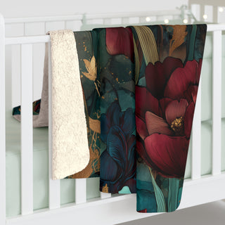 Vintage red poppies floral pattern on teal sherpa fleece blanket with plush backing and hemmed edges