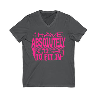 Gray V-neck tee with pink "I Have Absolutely No Desire To Fit In" text design
