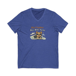 My Copilot Has Four Paws V-neck T-shirt with relaxed dog artwork and breathable cotton fabric