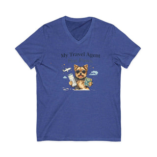 My Travel Agent Has Paws V-neck t-shirt with dog holding passport design