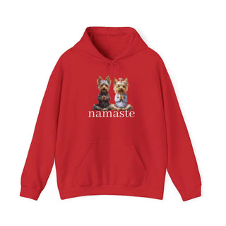 Yoga Namaste Hoodie with Yorkshire Terriers and kangaroo pocket, soft white cotton-poly blend sweatshirt
