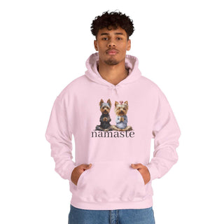 Yoga Namaste Hoodie with Yorkshire Terriers print, kangaroo pocket, and double-lined hood