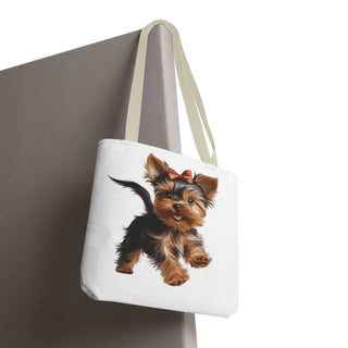 Yorkie puppy tote bag with hand-painted Yorkshire Terrier and red bow on white background