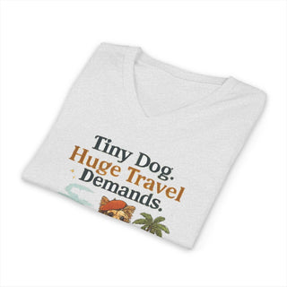 V-neck T-shirt with tiny dog and travel design, lightweight cotton, modern fit, travel-themed tee