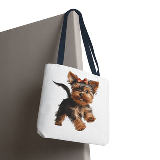 Yorkie puppy tote bag with hand-painted Yorkshire Terrier and red bow on white background