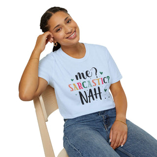 Unisex sarcastic humor t-shirt with "Me Sarcastic?" print, softstyle cotton, multiple sizes, casual and witty design
