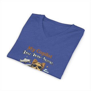 My Copilot Has Four Paws V-neck t-shirt with dog dashboard design, lightweight cotton, casual fit