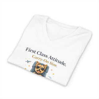 First Class Attitude lightweight V-neck t-shirt with confident pup design and comfortable cotton fabric