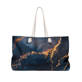 Marble Print Weekender Bag with 24x13 inch dimensions and gold grommet handles
