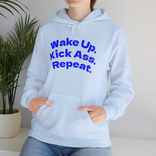 Black hoodie sweatshirt with "Wake Up. Kick Ass. Repeat." bold chest print and kangaroo pocket