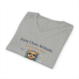 First Class Attitude lightweight V-neck t-shirt with playful pup design and soft cotton fabric