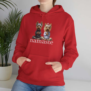 White Yoga Namaste Hoodie with two seated Yorkshire Terriers and kangaroo pocket