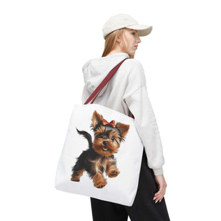 Yorkie puppy tote bag with hand-painted Yorkshire Terrier and red bow on white background