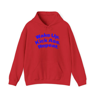 Wake Up Kick Ass Repeat hoodie sweatshirt with kangaroo pocket and double-lined hood