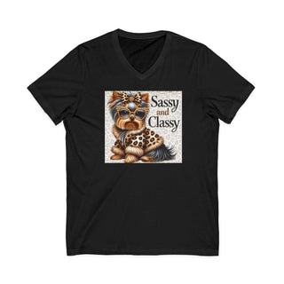 Sassy and classy Yorkie V-neck T-shirt for dog lovers with lightweight fabric and stylish retail fit