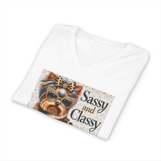Sassy and Classy Yorkie V-neck T-shirt for dog lovers with lightweight fabric and stylish retail fit