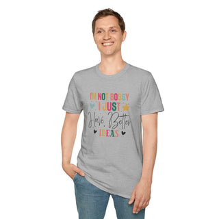 Unisex I'm Not Bossy T-Shirt with V-neck and empowering slogan in various sizes