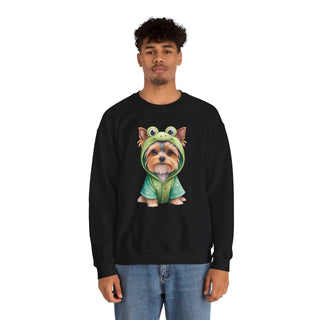 Crewneck sweatshirt with embroidered Yorkie in frog costume design